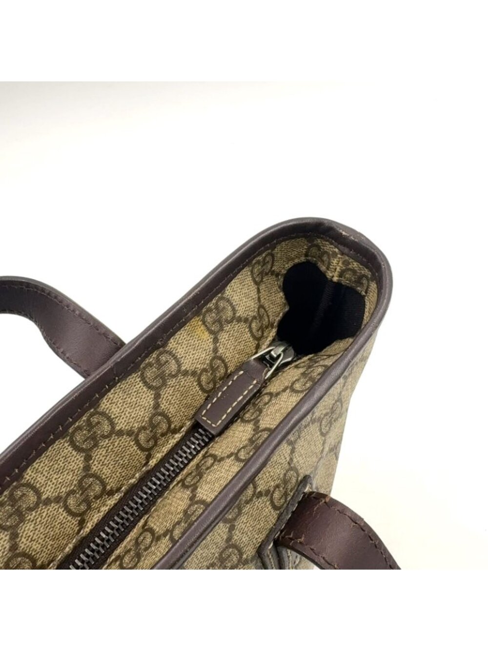 Gucci GG Supreme Leather Canvas Khaki Beige Dark Brown Tote Bag Silver - Picture 15 of 15